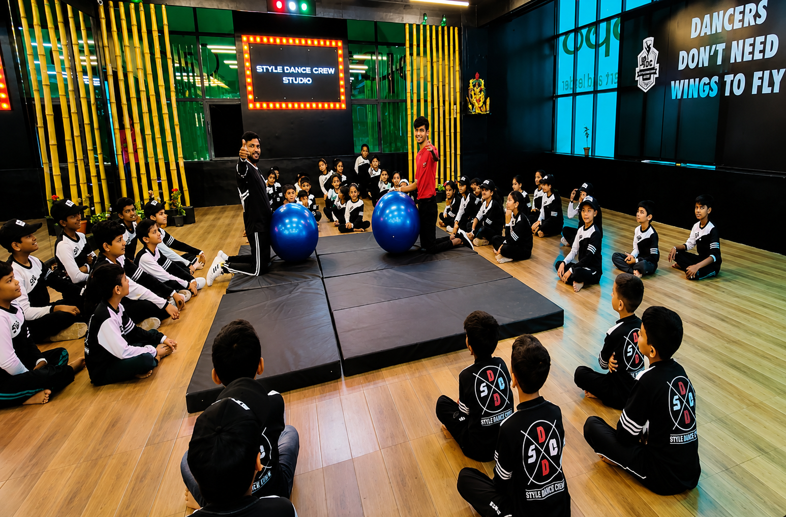 SDC students seated around the mat during a professional gymnastics session